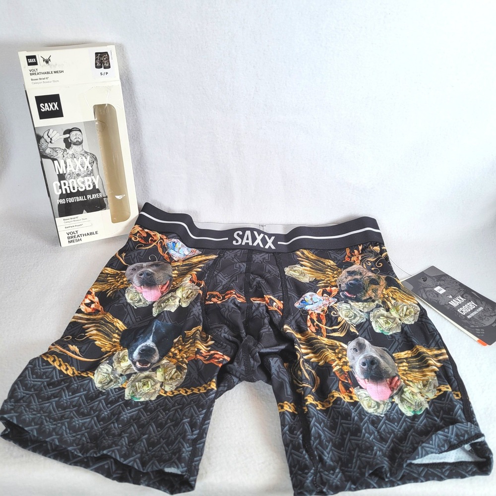 SAXX Mens Boxer Briefs Maxx Crosby Volt Mesh Dogs Size Small Black